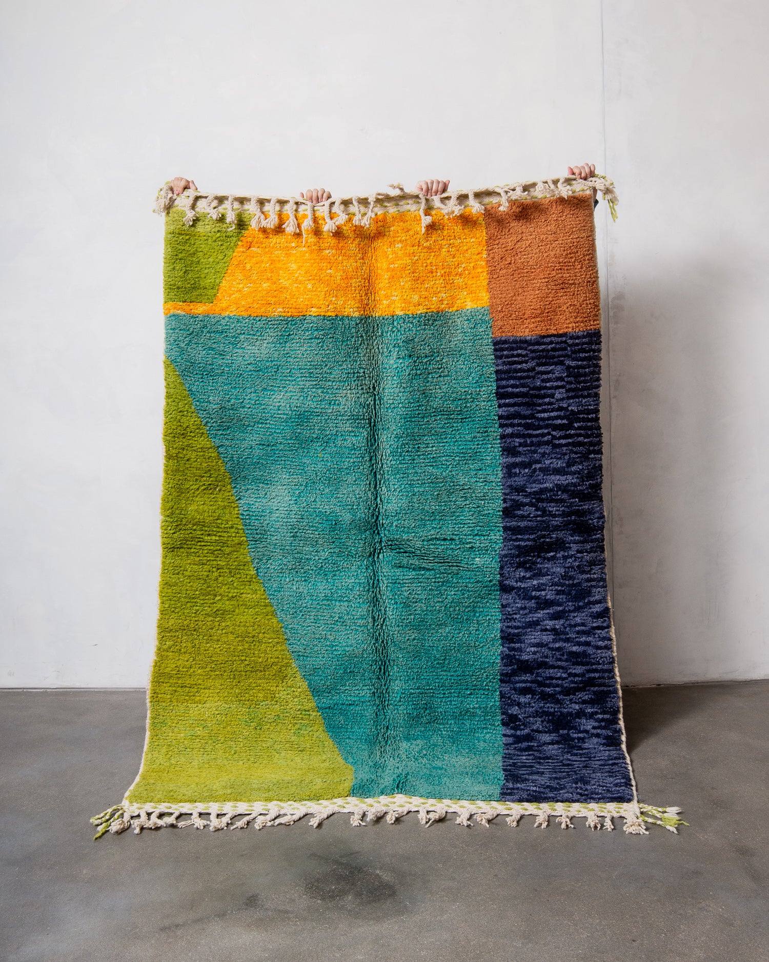 Modern, designer, handcrafted Berber rug from Morocco. Beniourain carpet with beautiful colours and patterns and fluffy wool texture.